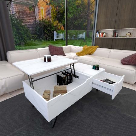 Élévateur noir électrolytique stable. Des ressorts de chaque côté facilitent l'utilisation. Un tiroir se trouve à gauche, d'une dimension de 35 x 40 x 13,5 cm. Le panneau d'extraction est doté de poignées usinées et découpées CNC.